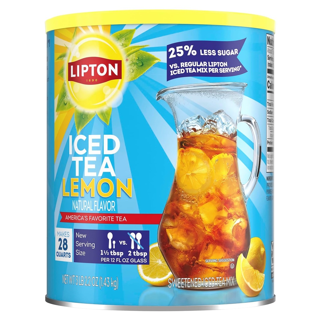 Lipton Iced Tea Mix, Lemon Flavor Black Iced Tea, Reduced Sugar, Makes 28 Quarts