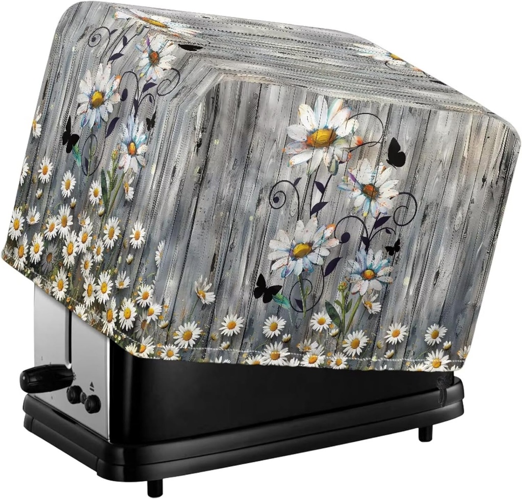 Wood Daisy Print Toaster Dust Cover 4 Slice Wide Slot, Protective Microwave Toaster Oven Cover Drawstring Closure, Machine Washable, Grey