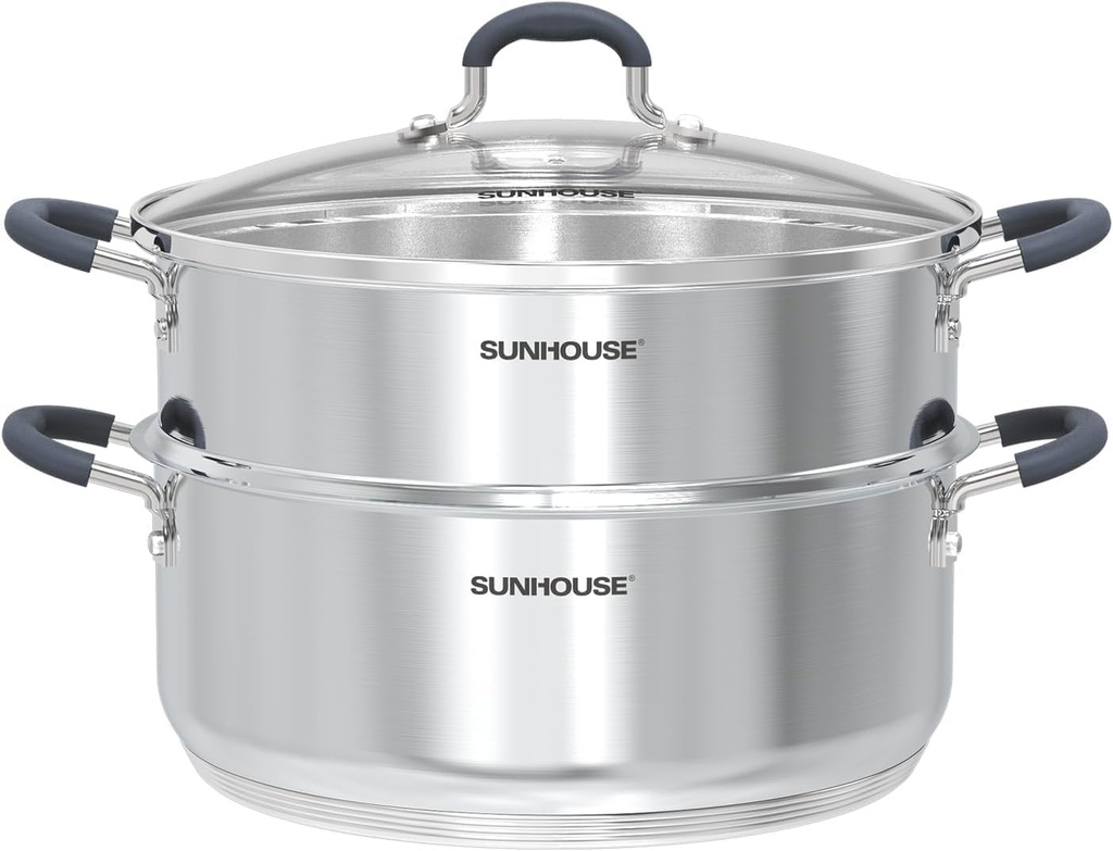 SUNHOUSE - 5.5 Quart Steamer Pots With Lid 2-Tier Multipurpose Stainless Steel Steaming Pot Cookware With Handle For Vegetable, Dumpling, Sauce, Food - Triple Bottom, Measurement Line