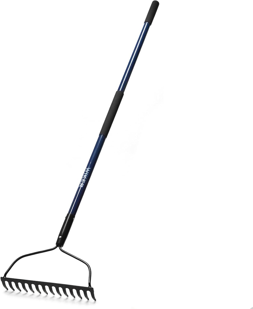 WIKER 14 Tine Metal Garden Rake 57 Inch Heavy Duty Lawn and Soil Leveling Rake with Fiberglass Handle Anti Rust Coating for Gardening Mulch Gravel and Leaf Cleanup