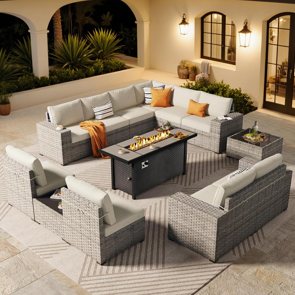 ovios 13 Pieces Patio Furniture Set, Outdoor Wicker Sectional Sofa with 54 Inch Fire Pit Table Comfy Cushions, Modern Modular Deep Seat Rattan Couch Conversation Set, Beige