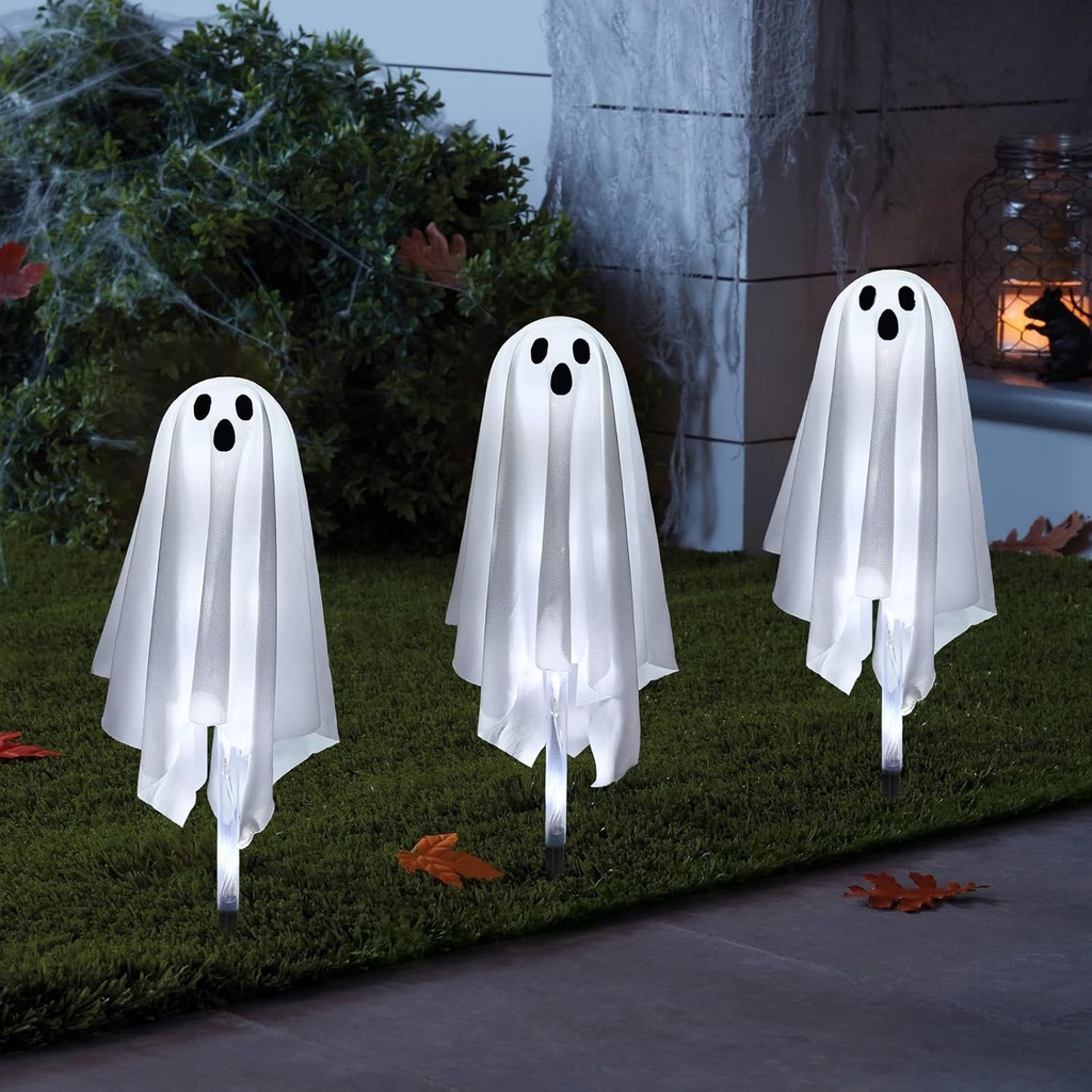 BAYN Halloween Ghost Pathway Stake Lights, 3 Pack White Cloth Ghost Decor with 15 Cool White LEDs Pathway Markers Best for Outdoor, Porch, Yard, Halloween Holiday Decoration