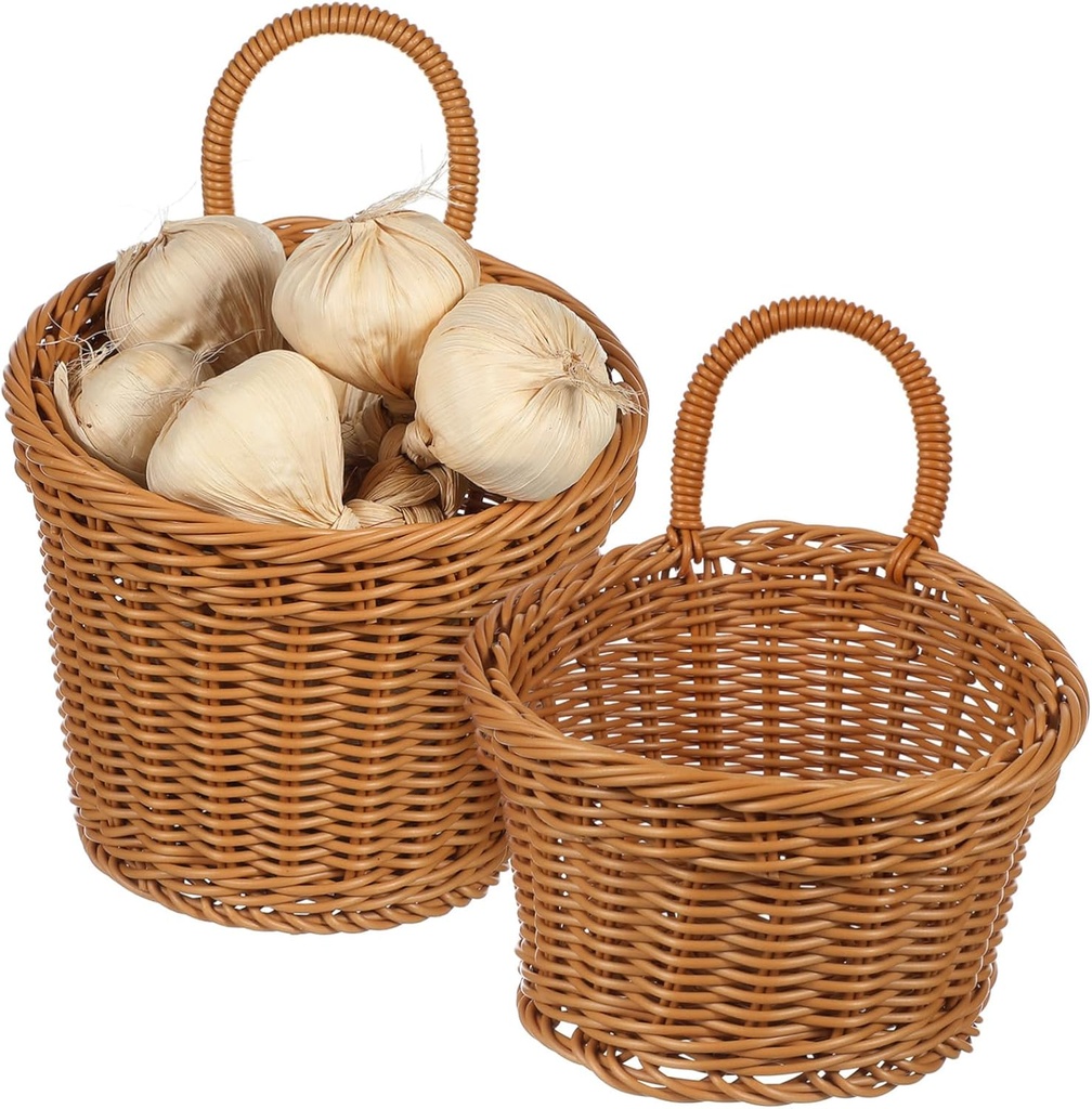 2pcs Wall Hanging Storage Basket for Onions Ginger Garlic Medium Large Woven Vegetable Baskets Stylish Kitchen Organizer for Fruits and Flowers