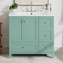 36 Inch Modern Bathroom Vanity with USB Charging, Two Doors and Three Drawers Bathroom Storage Vanity Cabinet with Single Sink, Faucets Not Included,Green
