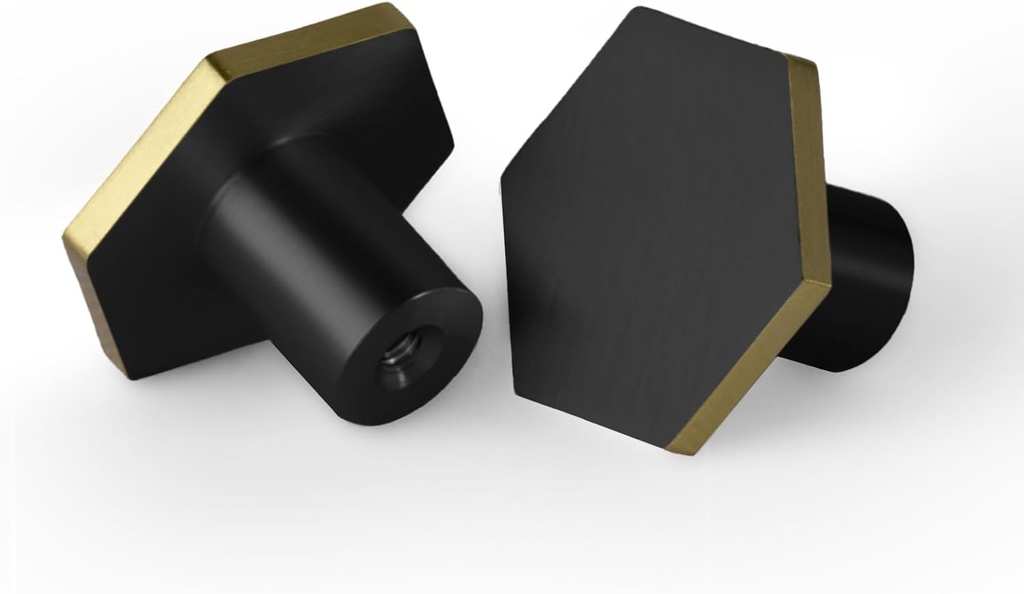 1.18" Cabinet Knobs Solid Brass Dresser Knobs Black Gold Cabinet Knobs Hexagonal Brushed Black Gold Dresser Knobs for Cabinets, Drawers, Lockers, Shoe Cabinets, Closet 4PACK