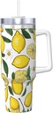 Yellow Lemons Print 40oz Ice Bully With Handle And Straw Stainless Steel Vacuum Insulated Cup And 2 In 1 Straw Lid
