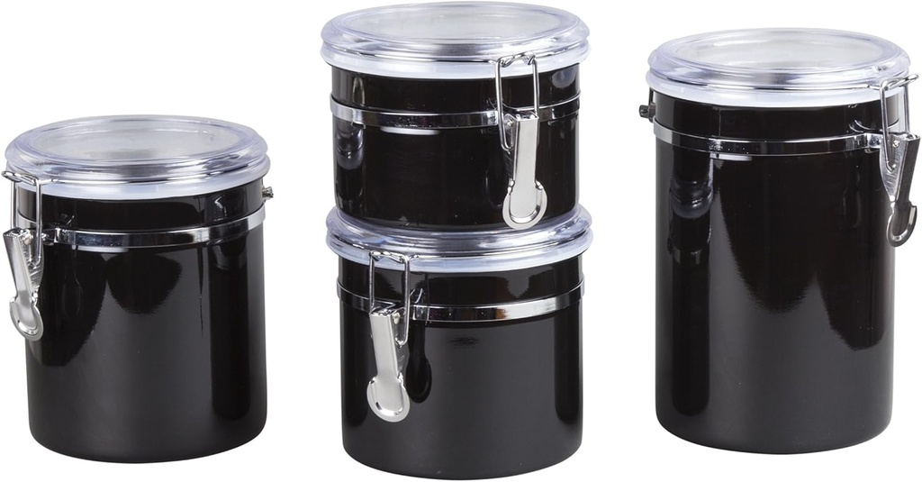 Creative Home Set of 4 Pieces Stainless Steel Kitchen Storage Jar Container Canister with Clear Airtight Lid and Locking Clamp for Food, Cookie, Flour, Sugar, Tea, Coffee Storage, Metallic Black