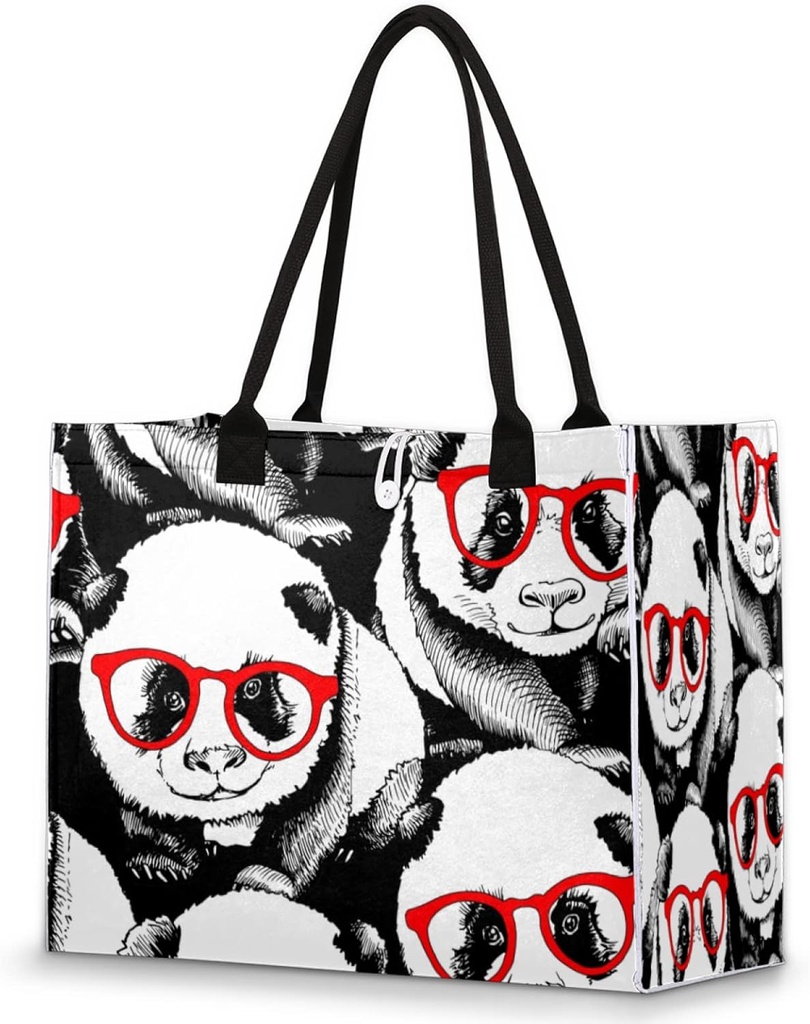 AUUXVA Beach Tote Bag Watercolor Black White Panda Large Travel Bag Utility Tote Bag Women Shoulder Bag Reusable Grocery Bag with Zipper Pouch for Travel Shopping Work School
