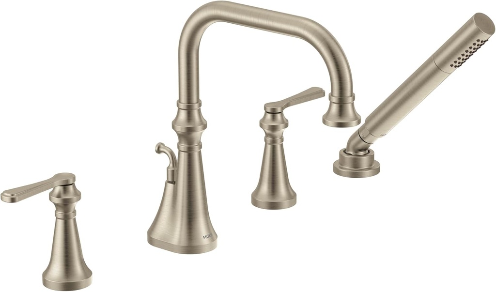 Moen TS44504BN Colinet Two Handle Deck-Mount Roman Tub Faucet Trim with Lever Handles and Handshower, Valve Required, Brushed Nickel