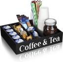 Soaoo Coffee Station Organizer Wooden Coffee and Tea Holder Countertop Accessories with 4 Removable Dividers, Condiment Organizer Adjustable Cafe Pod Holder Home Office Bar Kitchen