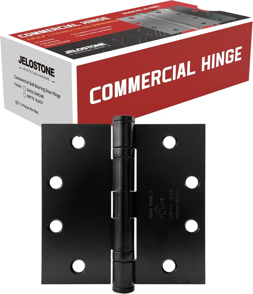 3 Pack - Commercial Grade Ball Bearing Door Hinge 4-1/2 x 4-1/2, UL Listed & 3 Hour Fire Rated, Full Mortise, JS-5BB2 (Matte Black)