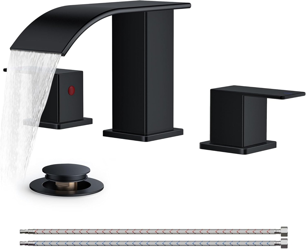 FORIOUS Square Matte Black Bathroom Faucets 3 Hole, Waterfall 8 Inch Widespread Bathroom Sink Faucet with Metal Pop-up Drain and Supply Lines, Two Handles for Vanity, RV, Farmhouse