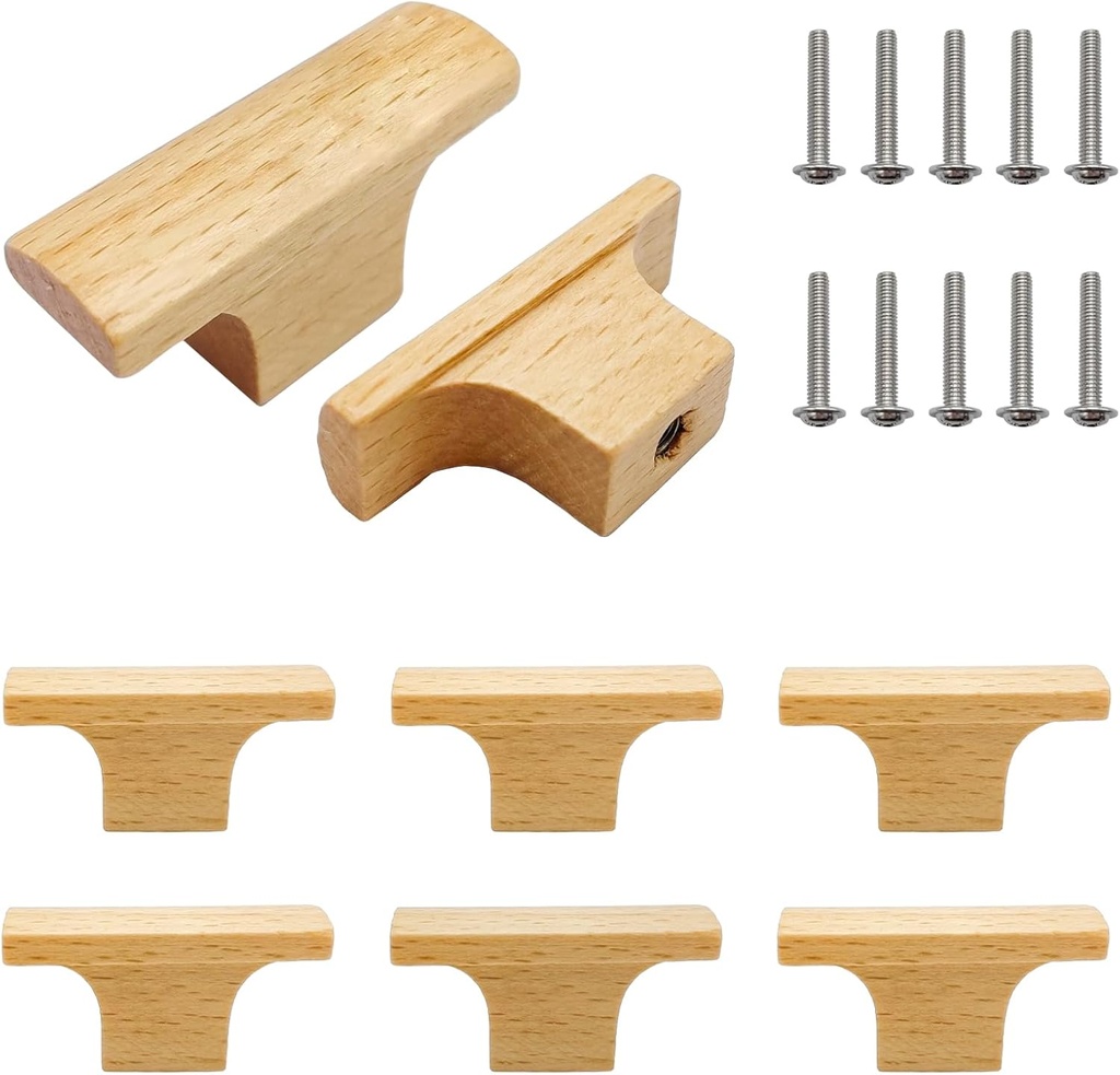 10 Pack Wood Cabinet Knobs, 2 Inch T Bar Wooden Dresser Drawer Knob, Beech Wood Single Hole Handles