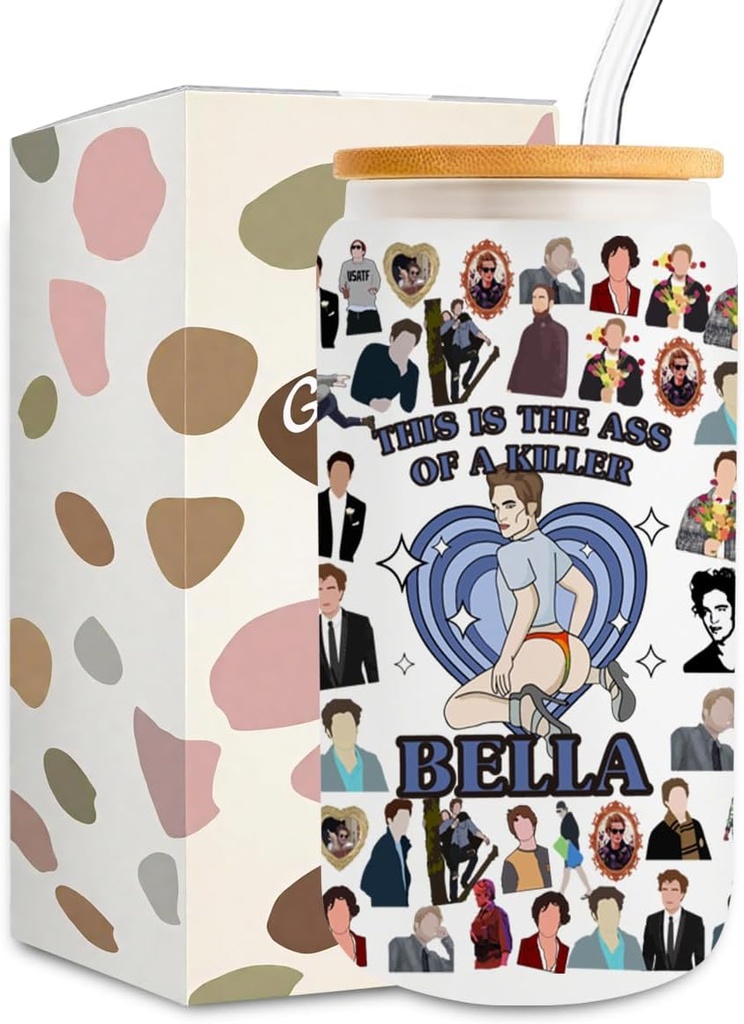 LONGXIN Funny Humorous Movie Merchandise Vampire Edward Iced Coffee Cup Twilight Merch Vampire Werewolf Gifts for Fans Girls Women Funny Sexy Gifts 16 oz Coffee Glass Cup with Lid Straw