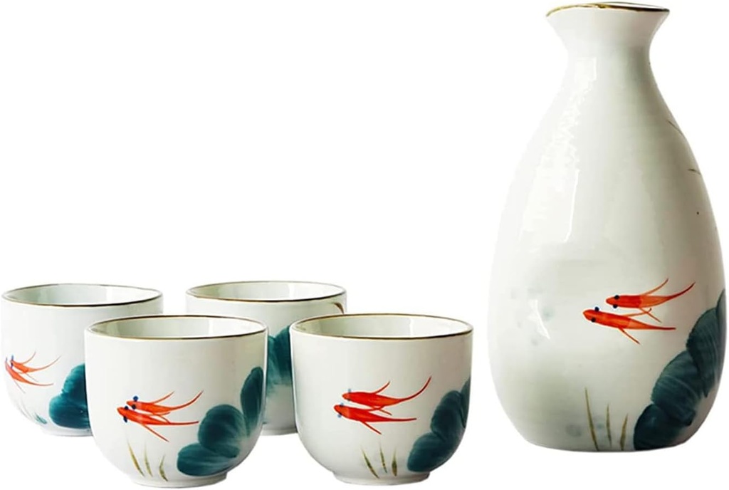 Pottery Sake Set, 5 Pieces Japanese Handmade,Traditional Hand Painted Goldfish Pattern Ceramics Sake Cup Set,Sakeware Gift Box with 4 Sake Cups,1 Sake Pot (Wit)
