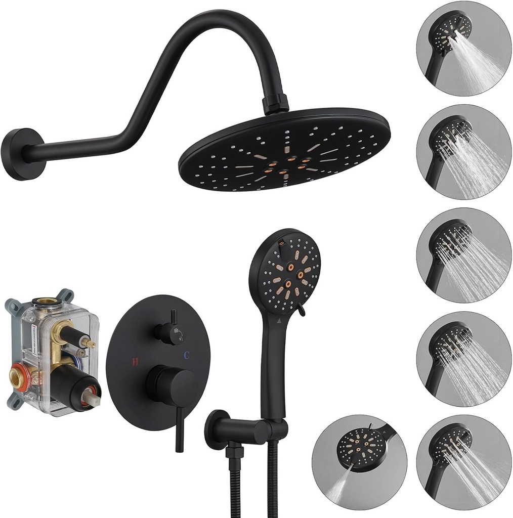 BWE Matte Black Shower System 8.7 Inches Rainfall Shower Head and 6 Setting Handheld Shower Spray 2 Functions Shower Faucet Set Wall Mounted with Shower Valve and Trim Kit