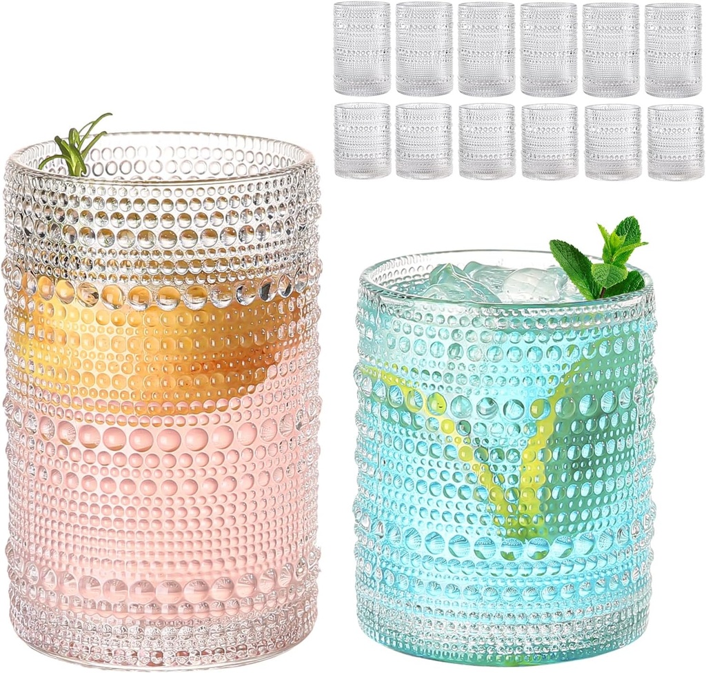 Vintage Glassware Drinking Glasses Set of 12,Clear 12oz & 15oz Hobnail Glass Cups,Embossed Water Tumbler,for Beer,Cocktail,Whiskey,Juice and Various Mixed Drinks- 1 Cleaning Brush