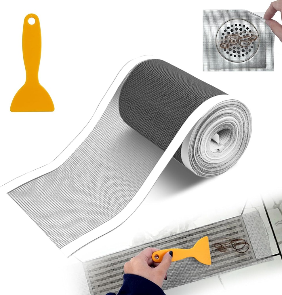 4 Inch x 33 FT Disposable Shower Drain Screen Self-Adhesive Stickers, with Cleaning Shovel, Showers Drain Hair Catcher, Shower Drain Mesh Stickers for Bathroom Kitchen Sink