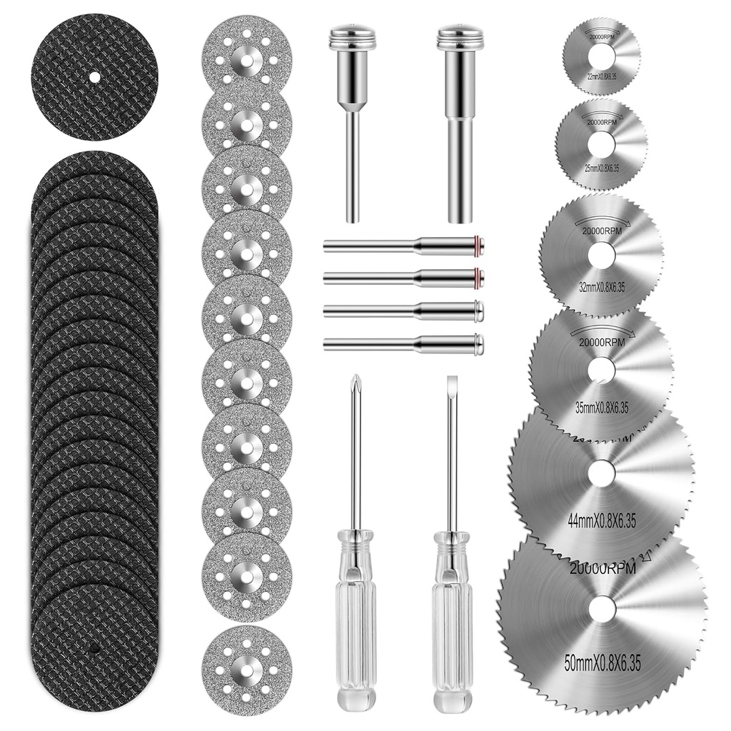 44pcs Cutting Wheel Set Compatible with Plastic for Rotary Tool, HSS Circular Saw Blades 6pcs, Resin Cutting Discs 20pcs, 545 Diamond Cutting Wheels 10psc with 2 Screwdrivers