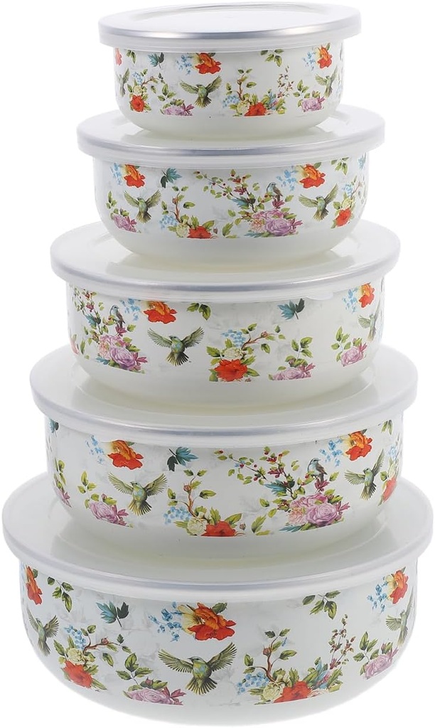 Cabilock Fresh Bowl Set 5-Piece Enamel Soup Bowls with Lids Thickened Food Storage Containers for Home Use Red Vintage Design