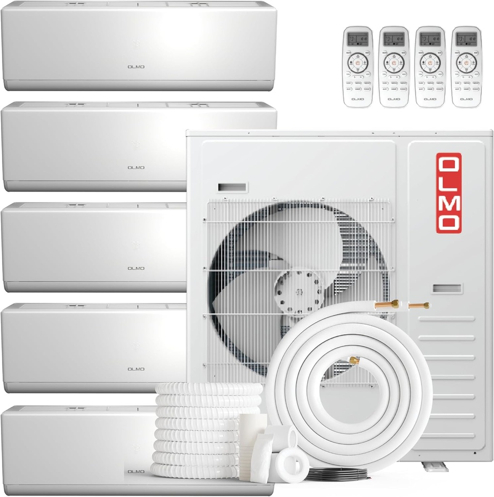 OLMO 42,000 BTU 5-Zone Ductless Mini Split Air Conditioner & Heat Pump – 9K+9K+9K+9K+18K Wall Mount Air Handlers – 22 SEER2 – 25FT Installation Kits – 230V Inverter System – Heating & Cooling