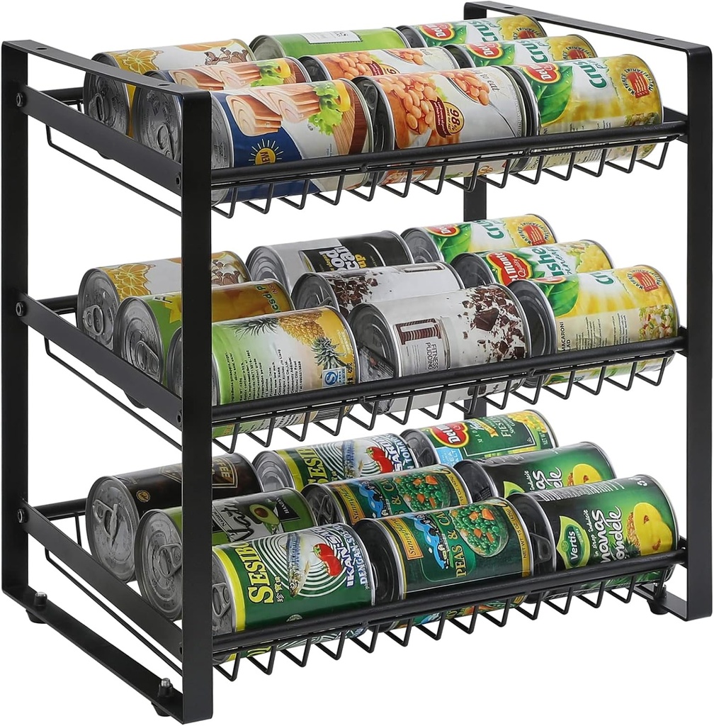 YMYNY 3-Tier Can Rack Organizer, Multifunctional Can Storage Dispenser, Holds Up to 36 Cans, Stacking Rack Holder for Kitchen Cabinets, Countertops, Pantry, Small Spaces, Black, HSR001H