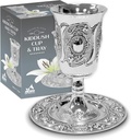 Ner Mitzvah Tall Kiddush Cup and Tray - Premium Quality Silver Plated Goblet With Stem - Shabbat and Havdalah Goblet - Judaica Shabbos and Holiday Gift