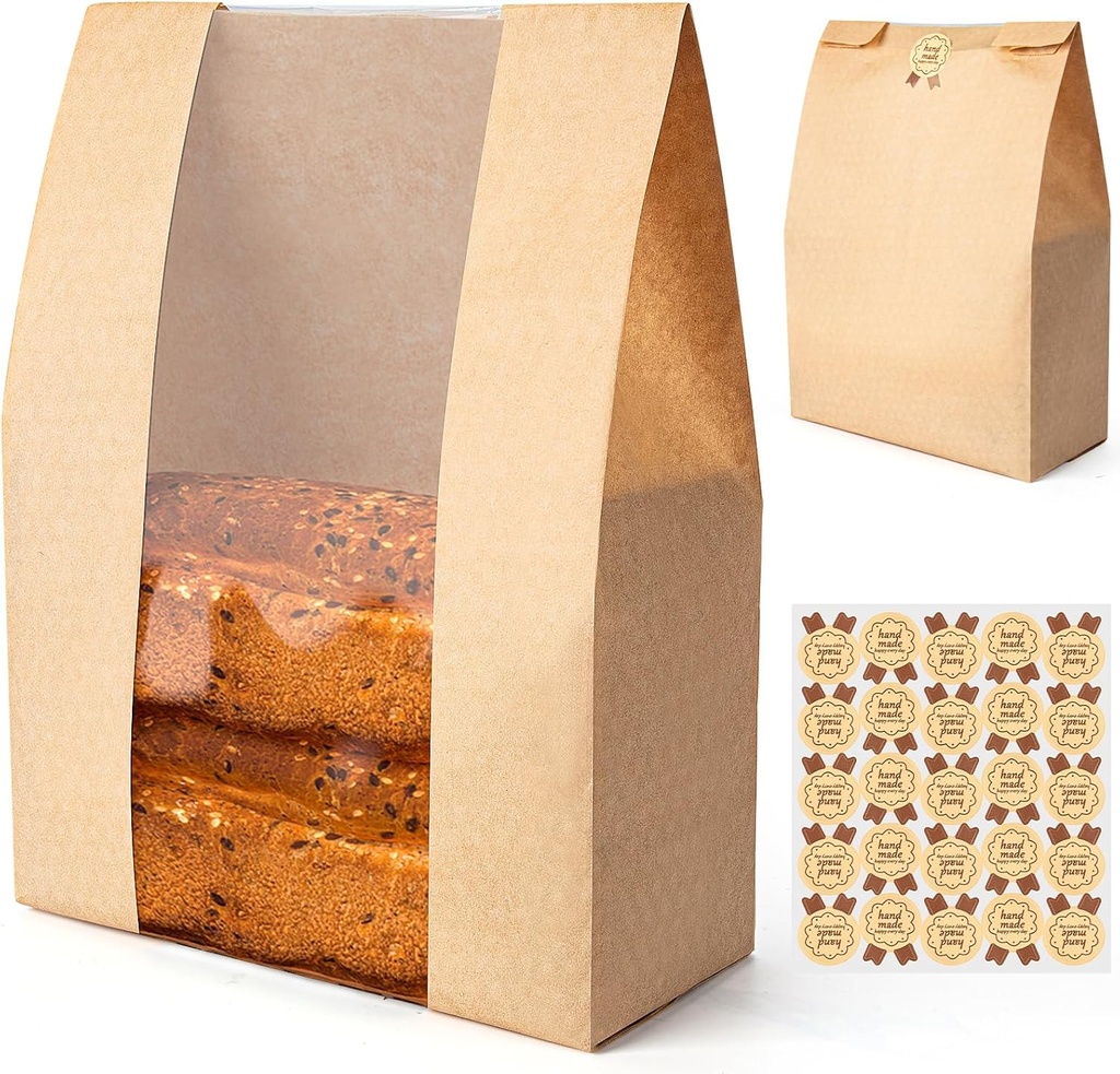 Bread Bags for Homemade Bread Sourdough 25Pcs - Kraft Paper Bakery Bags for Food Packing Storage with Label Seal Stickers (13.7 x 8.3 inch)