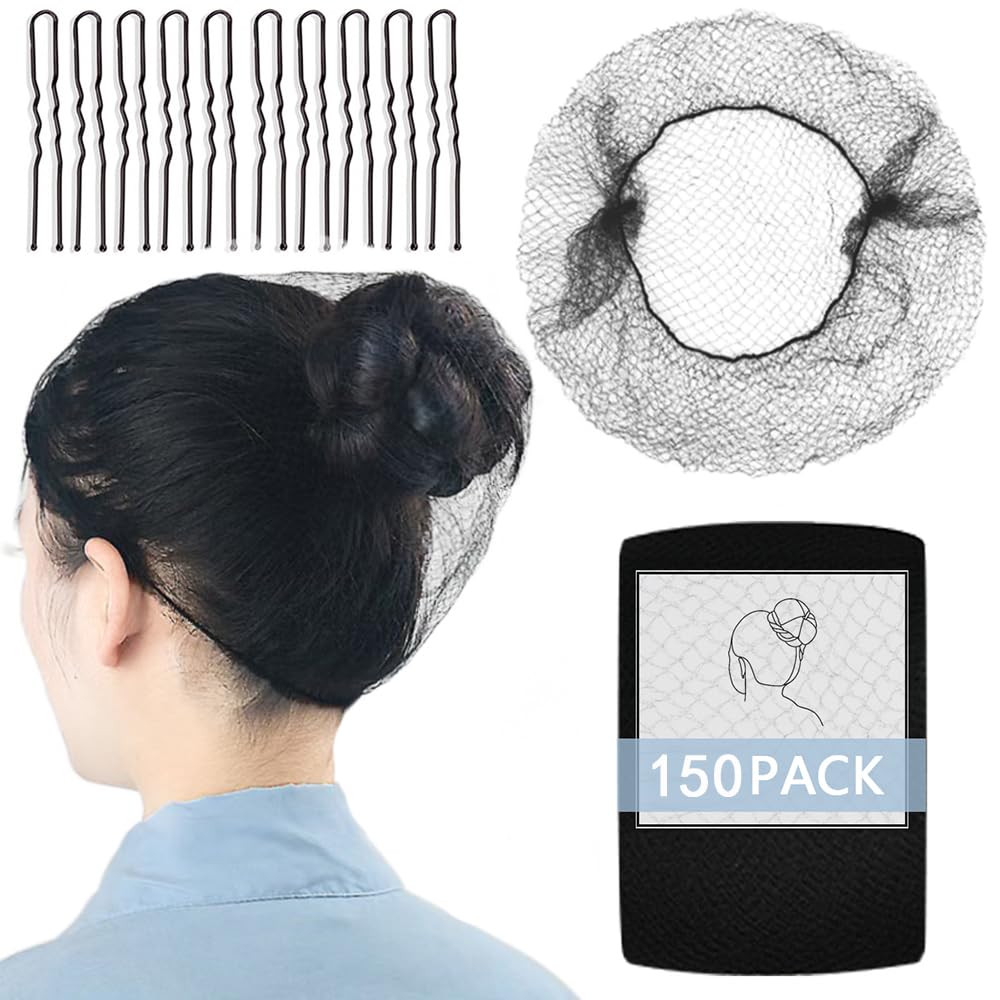 154Pcs Hair Net Black Set - 24 inches Invisible Elasticity Elastic Mesh Nylon Hair Net 144 Pcs - Kitchen Food Service Worker, Ballet Bun,with 10pcs U Shaped Hair Pins 2.4inch