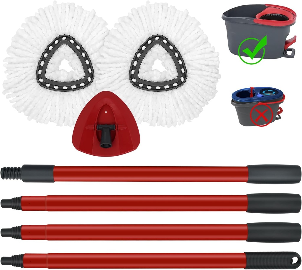 Mop Replace Heads Mop Handle and Mop Base Replacement for O Cedar EasyWring 1-Tank Spin Mop System, 2 Microfiber Mop Head Refills, 4-Section Iron Mop Handle 30-58in and 1 Mop Head Cover Set(No Bucket)