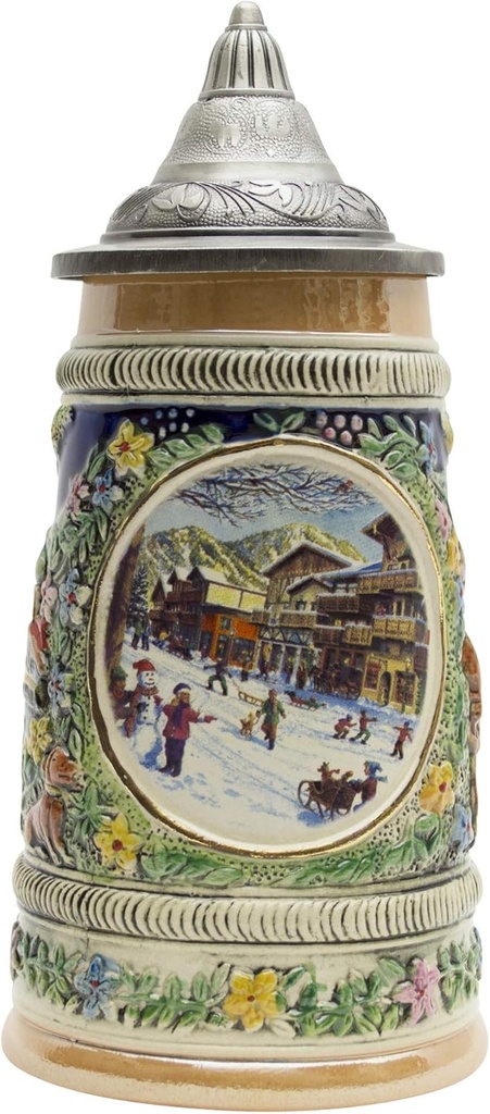 0.55 Liter OktoberfestHaus (Winter) In Germany Beer Stein With Lid - German Gifts for Men, Collectible Steins, Mugs for Beer Lover Gift Idea