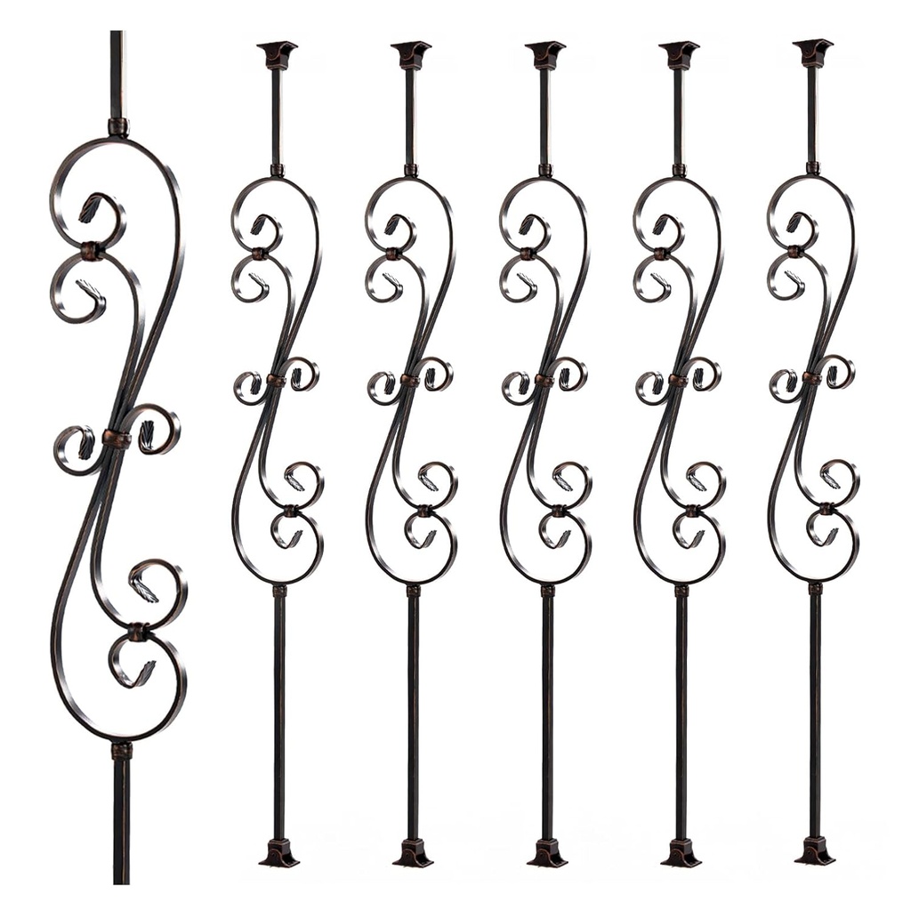Metal Staircase Balusters 1/2inch x 44inch, Metallic Railing Featuring Radiant Sheen, Skinny Scroll, Iron Balusters and Swivel Shoes (Oil Rubbed Copper, Skinny Scroll 5pk)