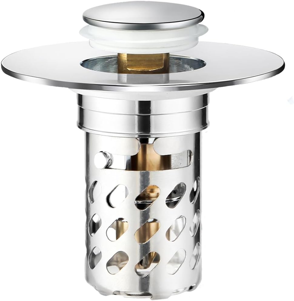 Bathroom Sink Drain Strainer, Universal Pop Up Stopper with Removable Stainless Steel Hair Catcher Basket