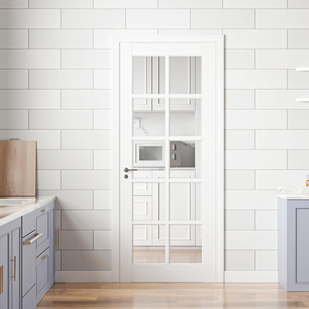 30"x 80" 10-Lite Clear Glass French Interior Slab Door, Pre-Assembled Solid Wood Panel for Bedroom Closet Laundry Pantry Bathroom White Pre-Finished Surface Paintable, w/o Hardware