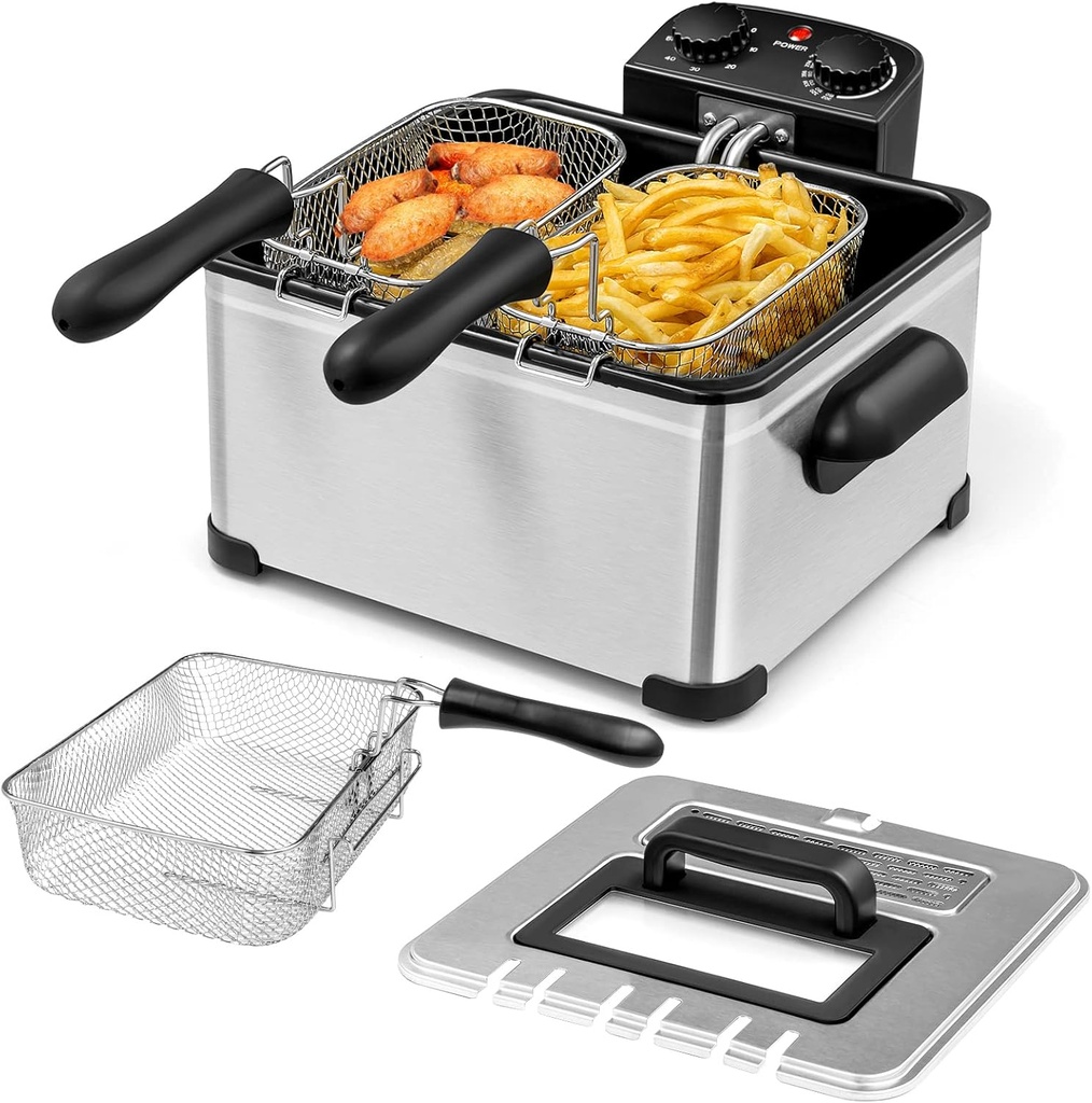 ORALNER Deep Fryer with Basket, Electric Deep Fryer w/View Window, 3 Frying Baskets, Cool Touch Handle, 21-Cup/5.3Qt Oil Fryer w/Timer, Adjustable Temperature, Home Deep Fat Fryers, Silver (5.3 QT)