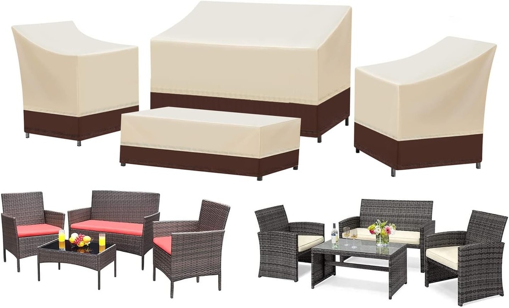 SIRUITON Patio Furniture Covers 4 Piece Set, Waterproof Outdoor Patio Furniture Set Covers, 420D Heavy Duty Durable and Water Resistant Fabric, Fit for Chairs, Couch, Coffee Table-XX-Large ,Khaki