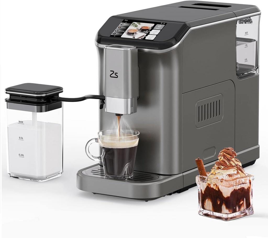 Zstar Fully Automatic Espresso Machine, 20-Bar Espresso Machine with Grinder & Automatic Milk Frother, 7 Coffee Varieties Programmable Coffee Maker, Touch Display, 1.5-L Water Tank