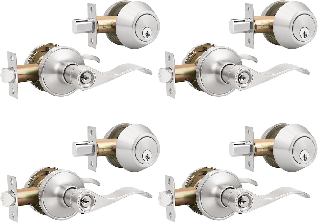 4 Pack Keyed Alike Entry Door Lock Set,Satin Nickel Door Lock Set with Double Cylinder Deadbolt, Wave Style Keyed Alike Entry Lockset