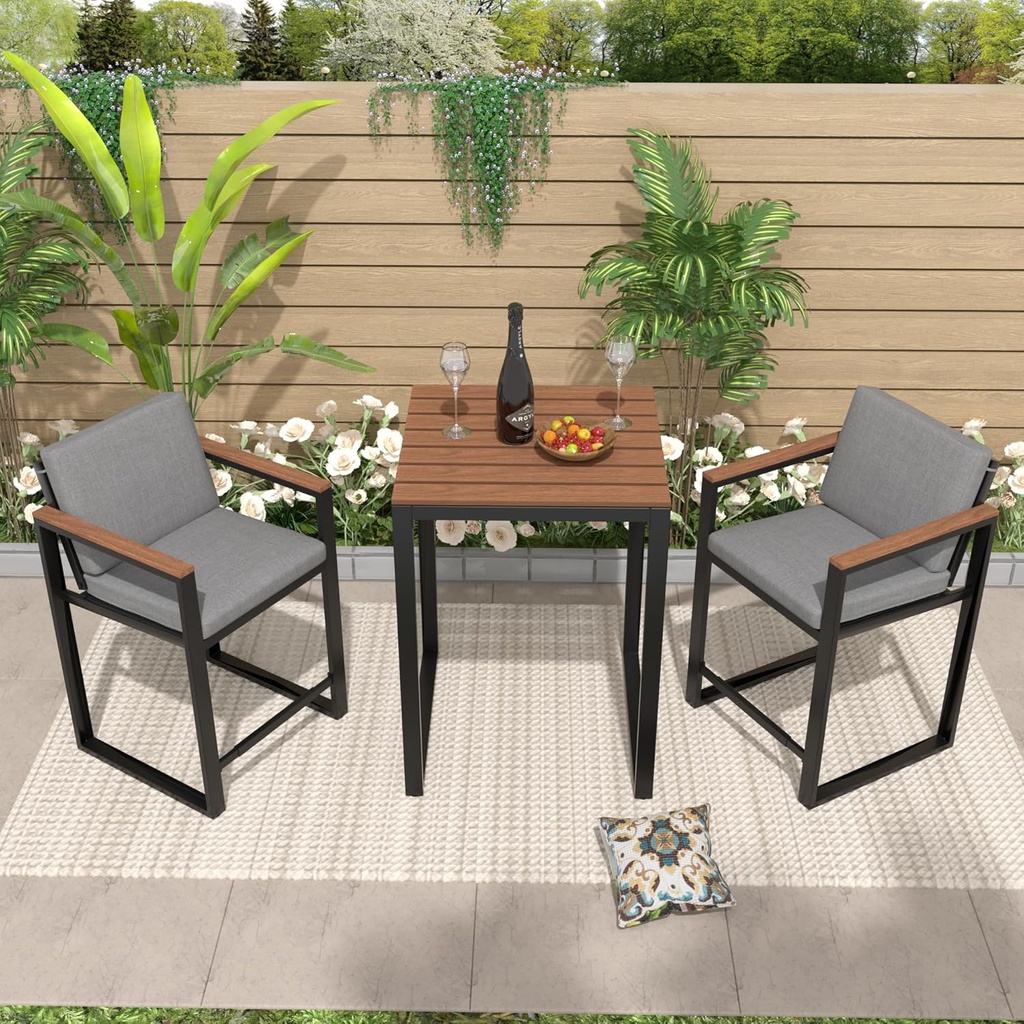 NATURAL EXPRESSIONS 3 Pieces Patio Bar Set, Outdoor & Indoor Bar Set with Fauxwood Armrest, Removable Cushion Cover, All Weather Bar Height Patio Table and Chairs for Bistro, Backyard, Home