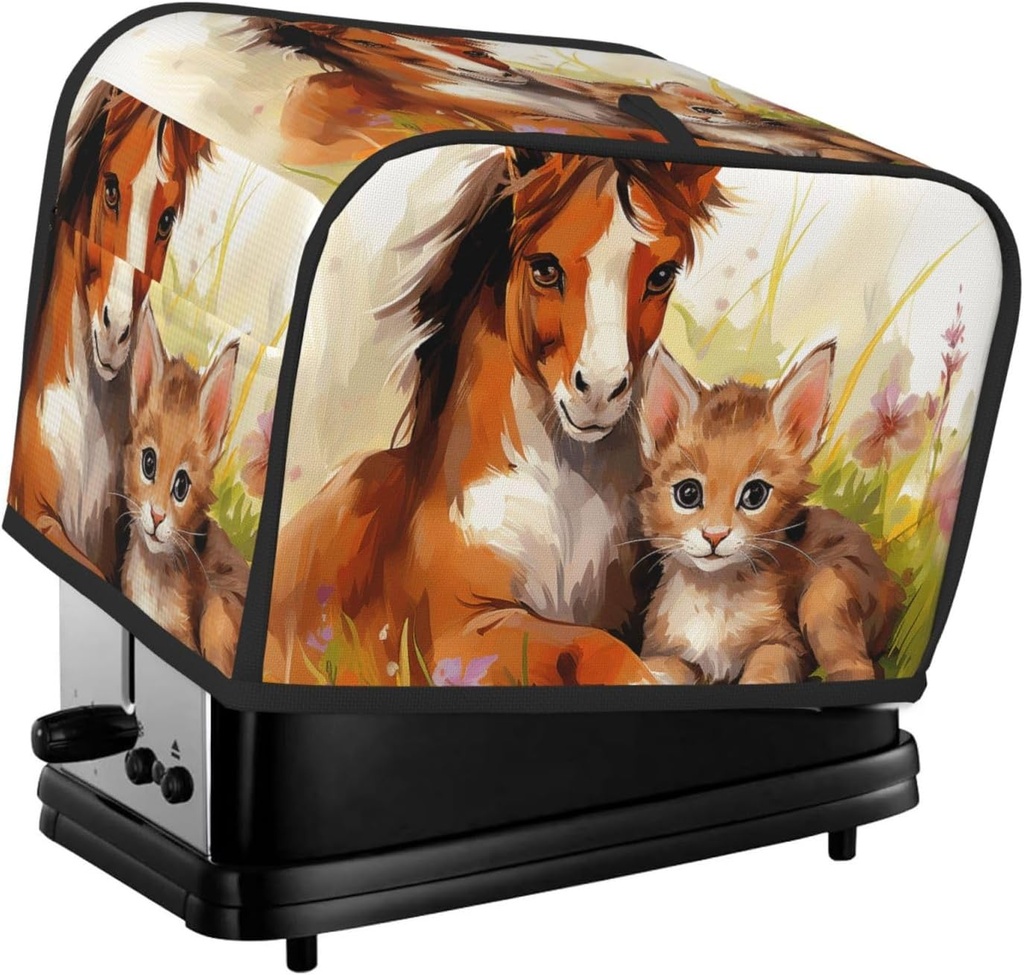 Cute Horse and Cat Toaster Cover 2 Slice, Waterproof Bread Machine Covers with Pockets Universal Size Kitchen Small Appliance Cover with Handle, Dust and Fingerprint Protection
