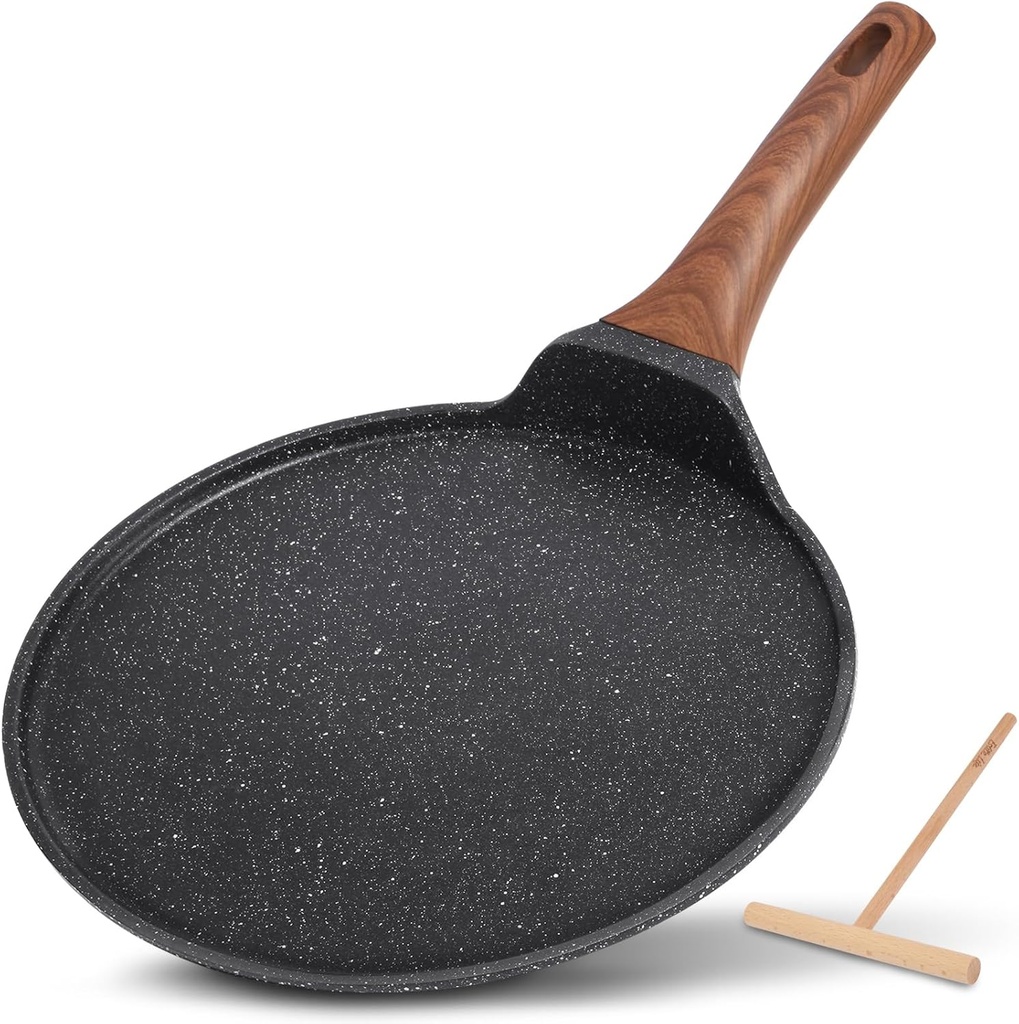 ESLITE LIFE 11 Inch Crepe Pan with Spreader, Nonstick Granite Coating Dosa Pan, Roti Tawa Comal Para Tortillas Pancake Griddle Pan, Induction Compatible, PTFE & PFOA Free, Black