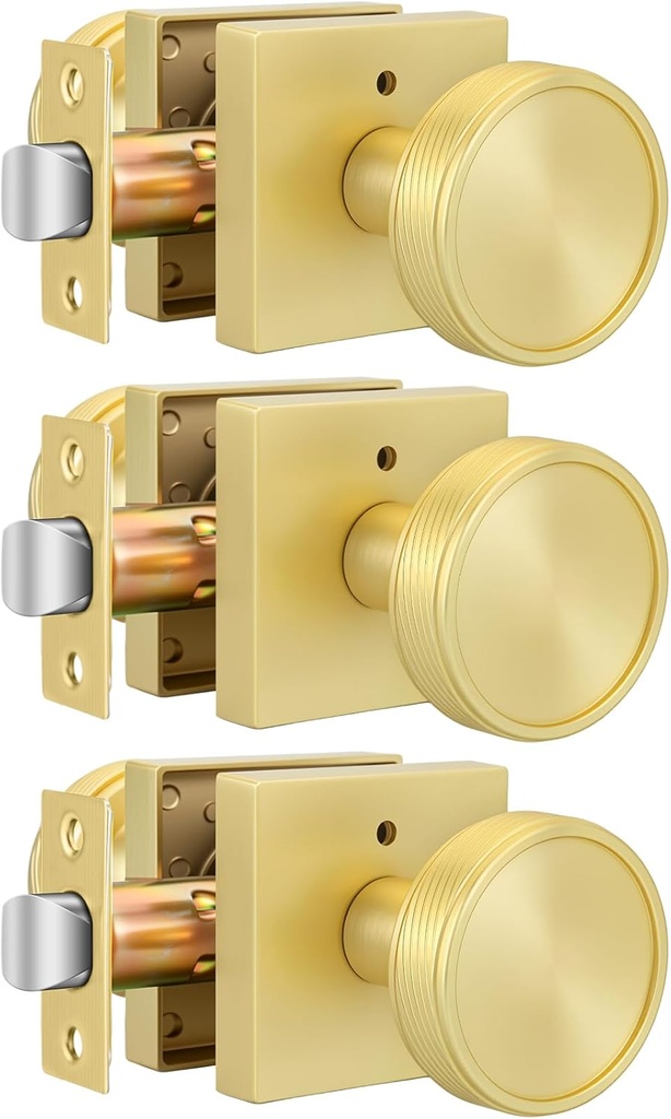 goldenwarm Interior Door Knobs Gold, Zinc-Alloy Vintage Pattern Brushed Gold Privacy Door Knobs Interior for Bedroom Bathroom, Heavy Duty Square Round Modern Doorknobs - 3 Pack
