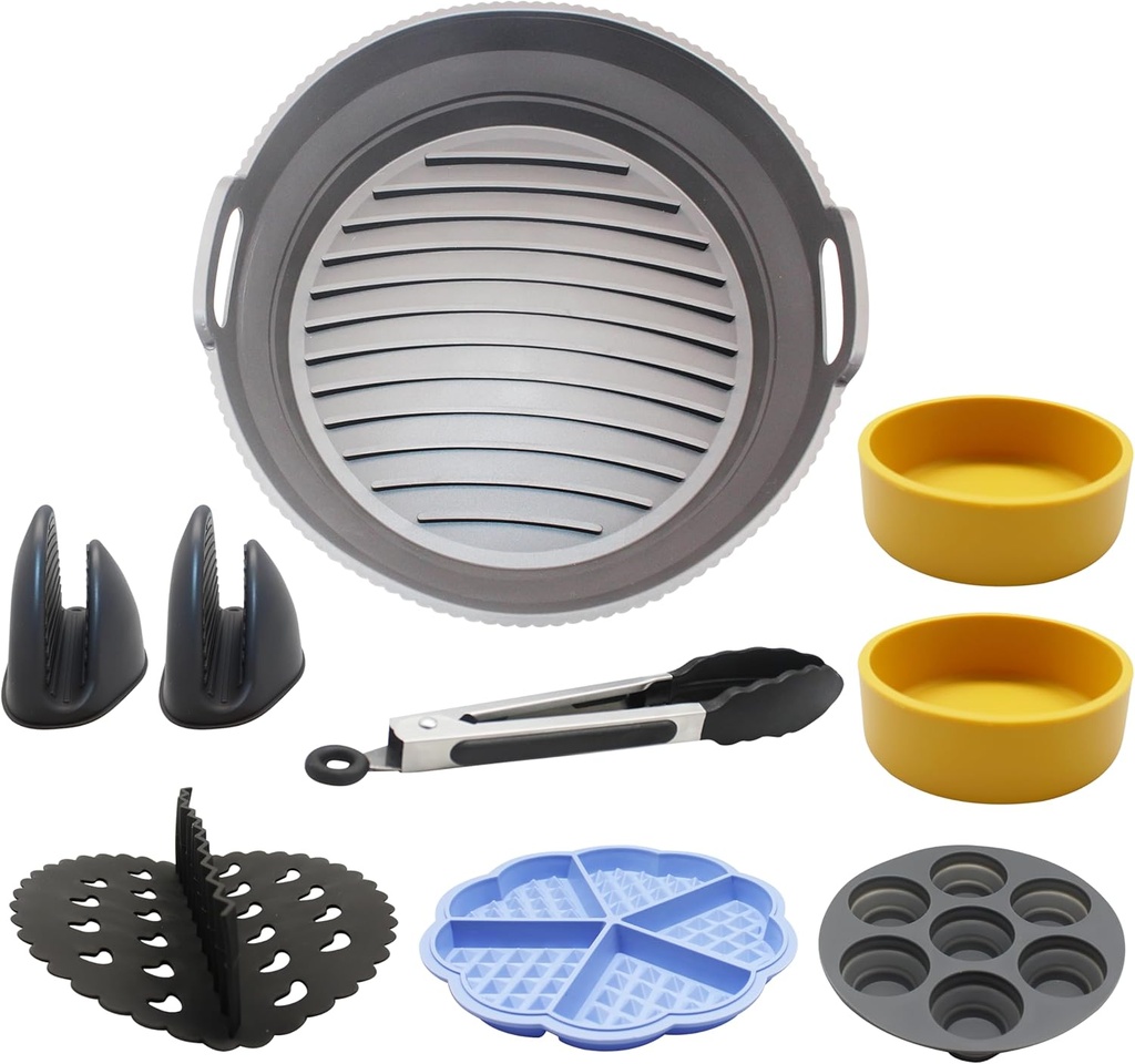 Generic 9 Pcs Silicone Air Fryer Liners and Silcone Molds, Reusable Silicone Pot, Baking Tray, Muffin Mold, Egg Mold, Waffle Mold, Compatible with 3-5 Quart Air Fryers