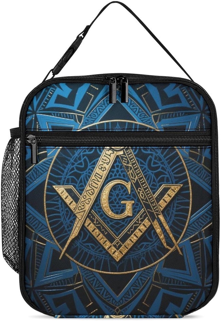 Men Women Adults Gold Freemason Freemasonry Masonic Art Lunch Bag Sandwich Bag for Work Picnic BBQ, Moisture Resistant Reusable Gourmet Lunchbox Container