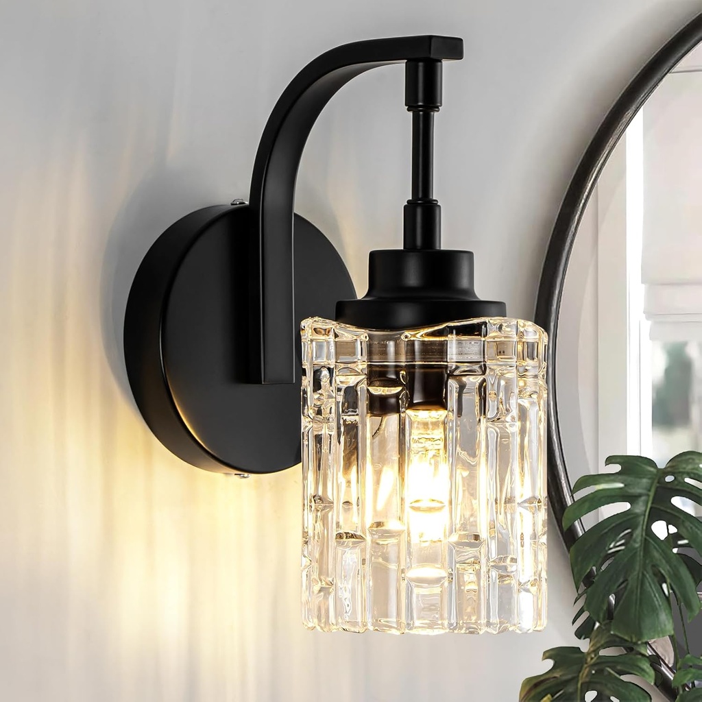 Matte Black Wall Sconce, 1-Light Bathroom Vanity Light Fixture with Clear Glass Shade,Modern Wall Light for Mirror Living Room Hallway Bedroom