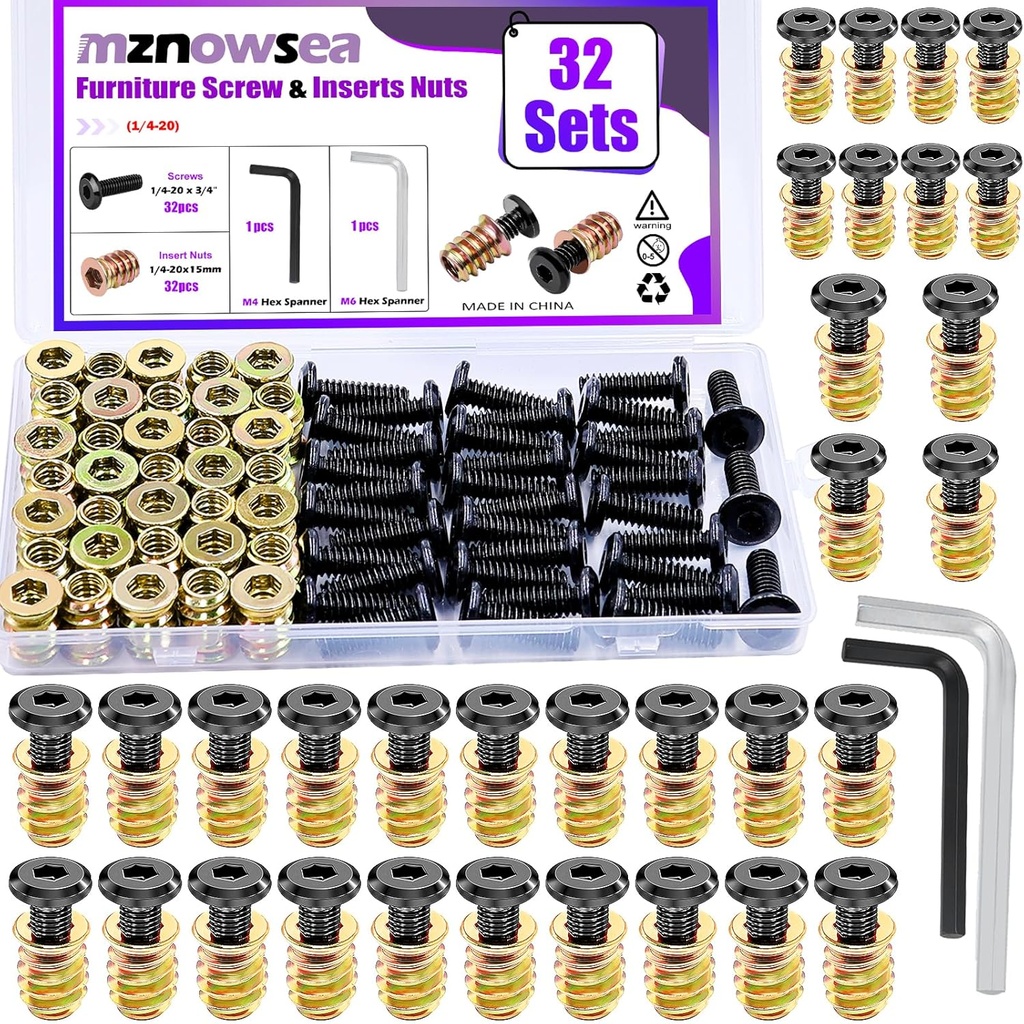 32 Sets Furniture Screw Nut 1/4-20 x 3/4" Threaded Inserts for Wood 1/4-20 x 19/32" Nut Threaded Wood Inserts Bolt Fastener Connector with Hex Spanner