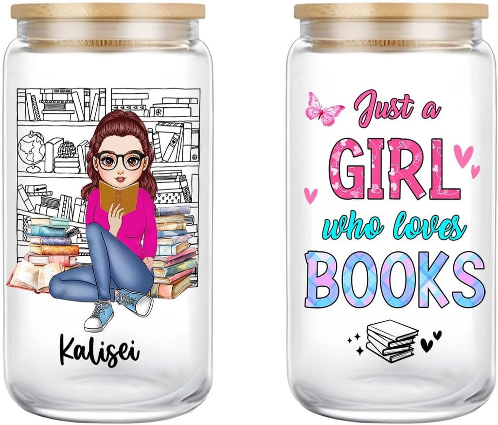 Personalized Just A Girl Who Loves Books Glass Cups Book Tumbler, Custom Name Reading Glass Iced Coffee Cups with Lids and Straw, Christmas Birthday Book Lovers Gifts for Women Bookish (Style 02)
