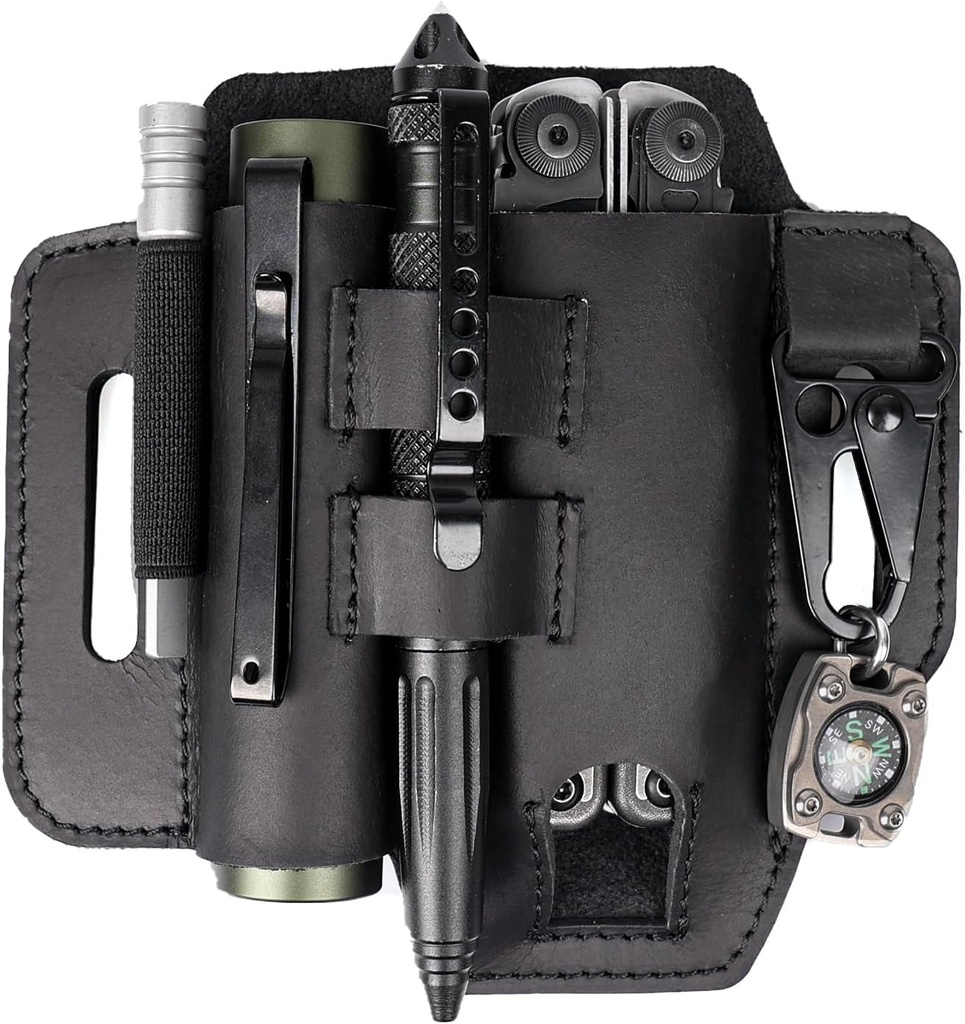 Topstache Multitool Sheath for Belt - EDC Belt Organizer - Leather Multitool Holster with Flashlight Holder, Elastic Band Pen Holder and Keychain Clip - Multitool Holder - Multitool Pouch, Black