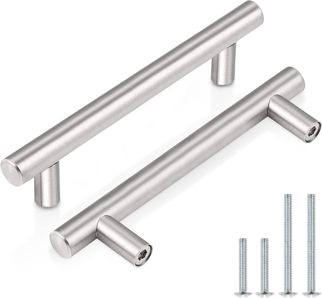 Probrico 50 Pack|Satin Nickel Round Cabinet Pulls, 3-1/2 Inch Hole Centers Modern Euro T Bar Cabinet Handles, Stainless Steel Drawer Pulls,Round T Bar Kitchen Bathroom Hardware,6 Inch Total Length