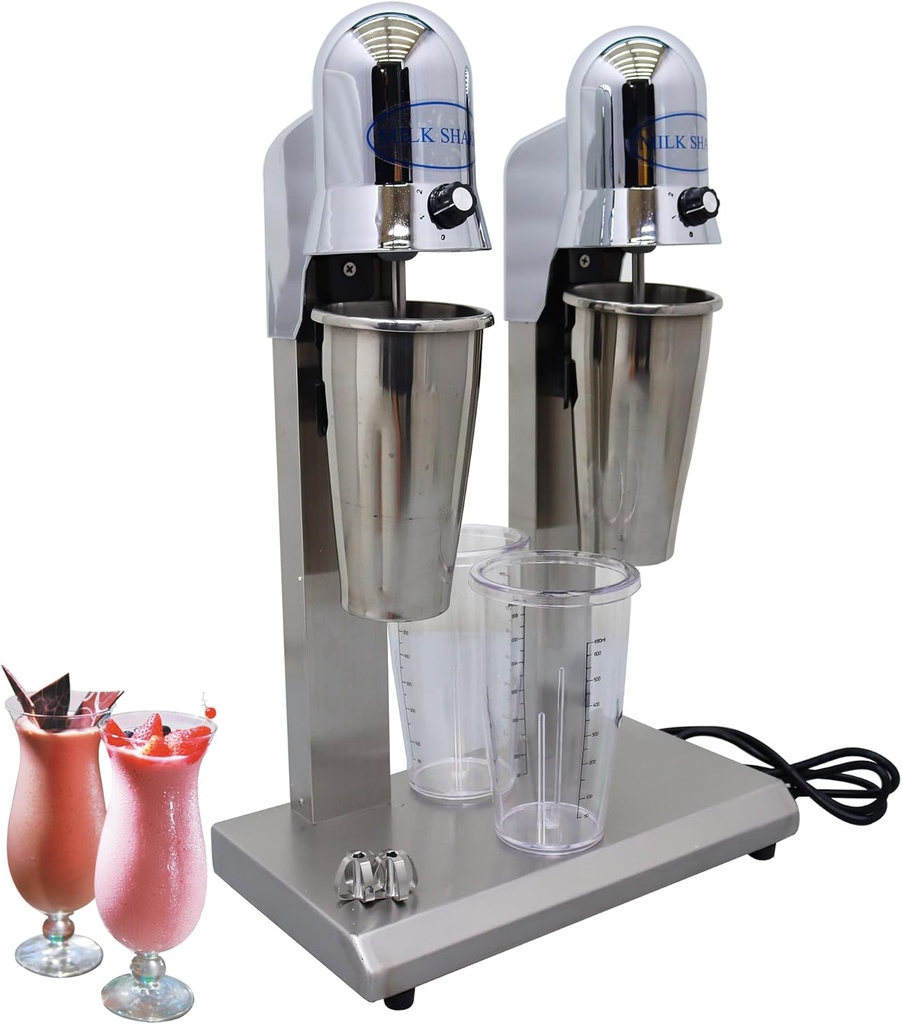 110V 180W Double Head Drink Mixer Blender Stand Milk Shaker Mixer Speed Adjustable Milkshake Maker Commercial Milk Shake Machine with 2pcs Stainless Steel Cups and 2pcs Transparent MS-2